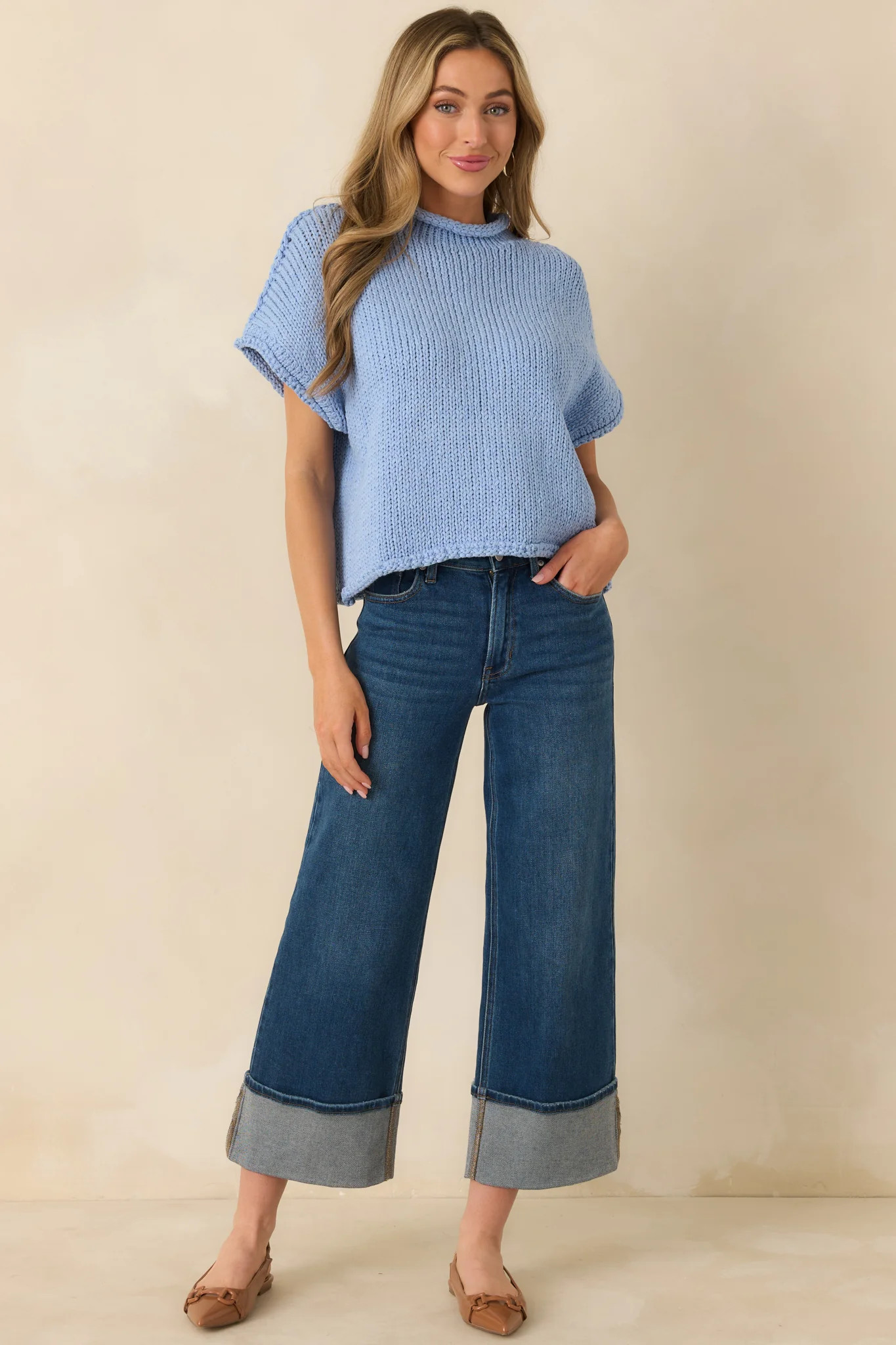 Have a Knack For It Light Blue Chunky Knit Cotton Short Sleeve Sweater | Red Dress