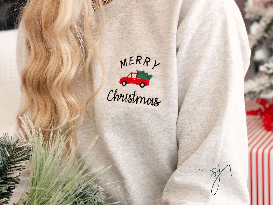 Embroidered Merry Christmas Red Truck Holiday Custom Crewneck Sweatshirt, Winter Hallmark | Etsy (US)