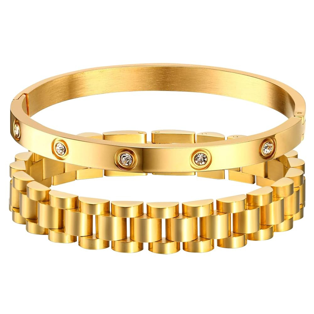 MPRAINBOW 2pcs Gold Chain Link Bracelet, Stainless Steel Crystal Friendship Bracelets Bangle,Watc... | Amazon (US)
