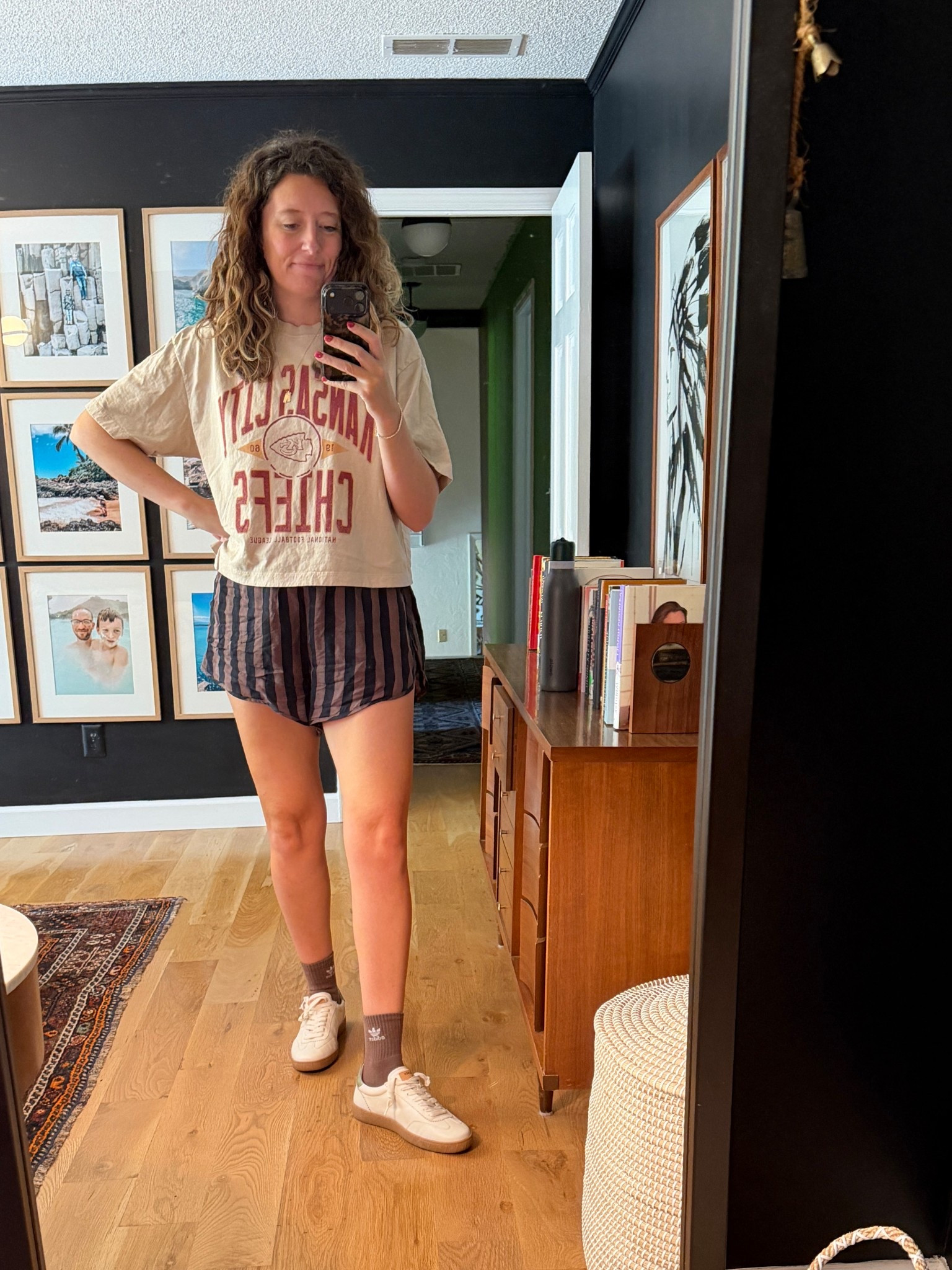 Casual weekend Kansas City Chiefs outfit. I wanted an oversized fit in the shirt so sized up 2 sizes. I sized up 1 in the shorts. The shorts are the most comfortable things ever! 

#LTKFindsUnder50 #LTKOver40 #LTKStyleTip