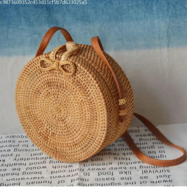 Handmade Bali Batik Round Rattan Straw Bamboo Bag Brown Leather Strap | Walmart (US)