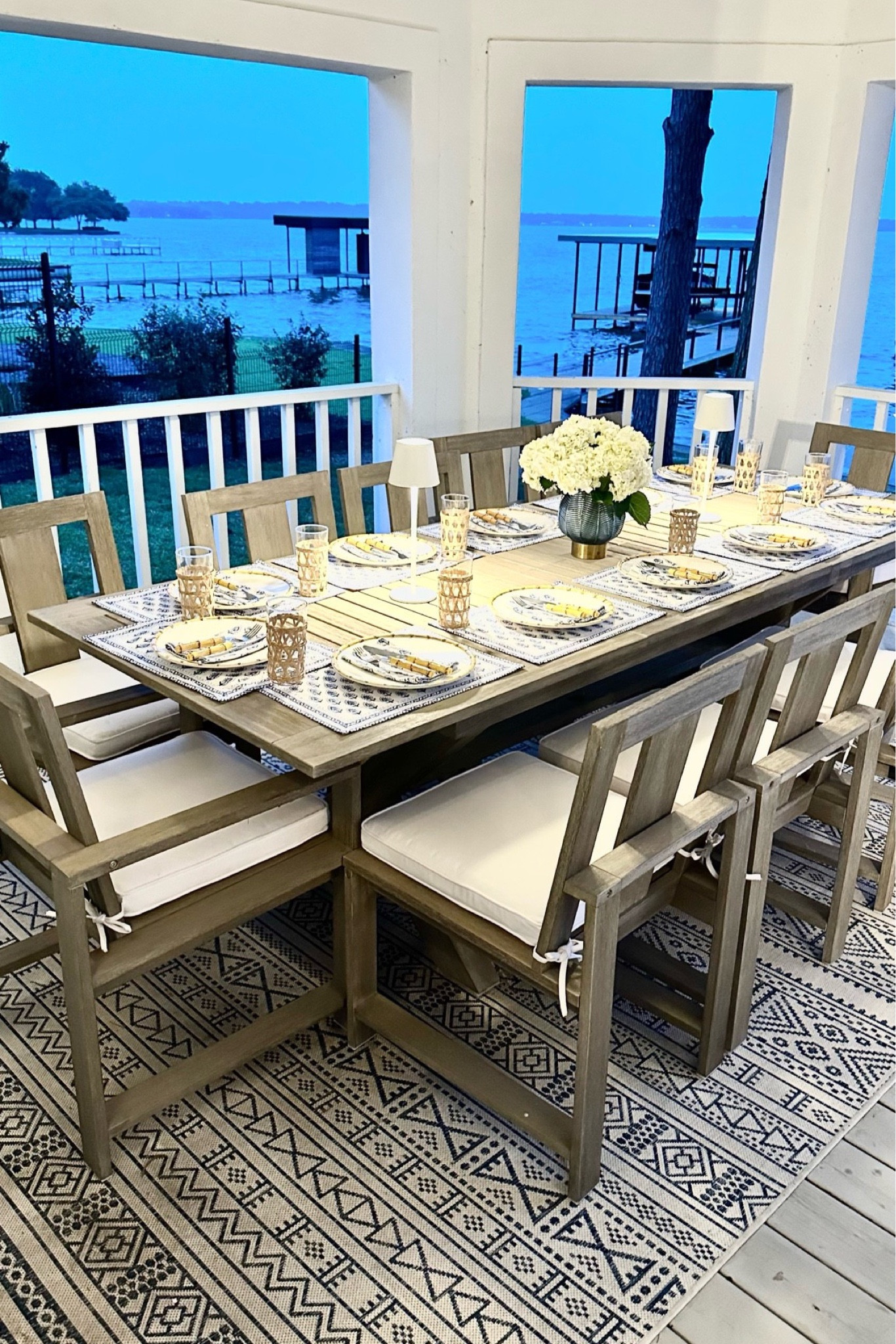 Pottery Barn Gray weathered, wood, outdoor dining table and matching chairs
I’ve also linked all of the table top, including block, print, napkins and placemats, bamboo plates, and bamboo, flatware and raffia wrapped glasses. Love these LED rechargeable, white dining table lamps. 


#LTKhome #LTKSeasonal #LTKFind