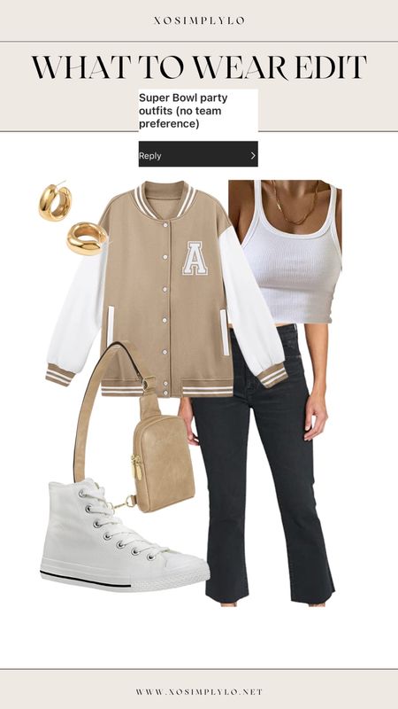 Tank true to size 
Jeans true to size 
Shoes true to size 

Super Bowl party outfit, varsity jacket, converse, football, tailgate, 

#LTKunder50 #LTKstyletip #LTKFind