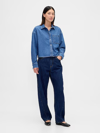 UltraSoft Denim Oversized Straight-Hem Crop Shirt | Gap (US)