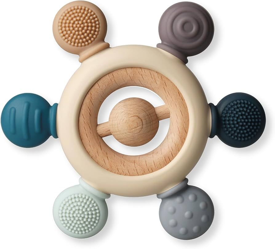 Baby Teething Toys, Silicone Chewable Teethers with Wooden Ring for Soothing Babies Gums, Shower Gif | Amazon (US)