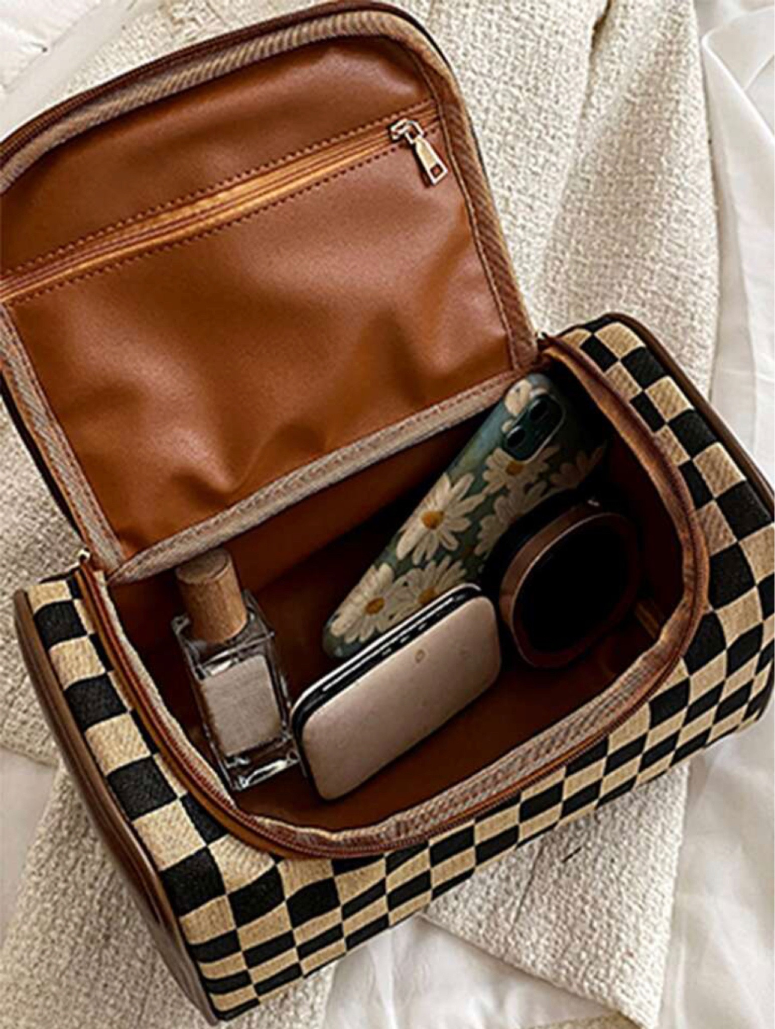 1pc Checkerboard Brown Large Capacity Portable Fabric Makeup Bag