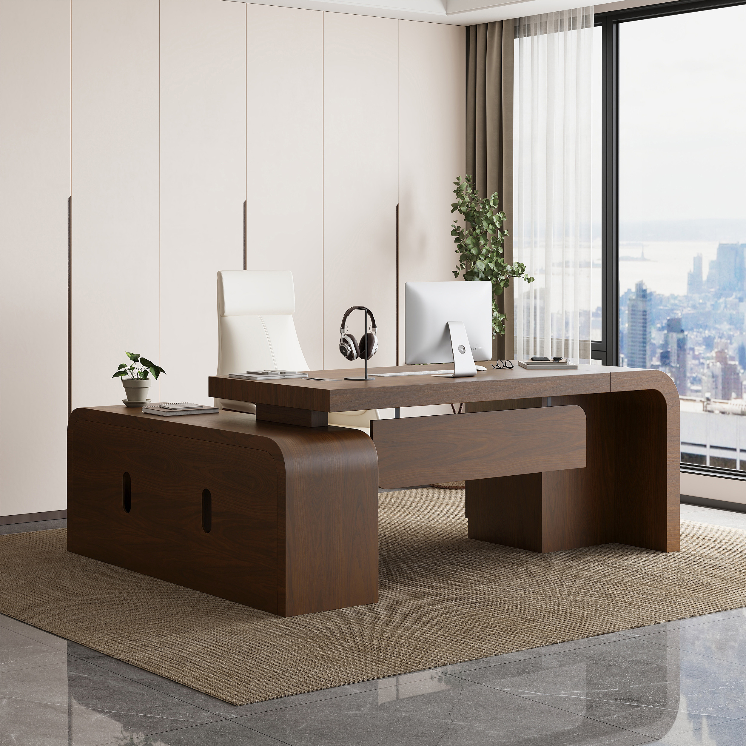 Chicent Walnut L-shaped Modern Executive Desk with Ample Storage Right Hand Office Furniture (70.9'') | Homary