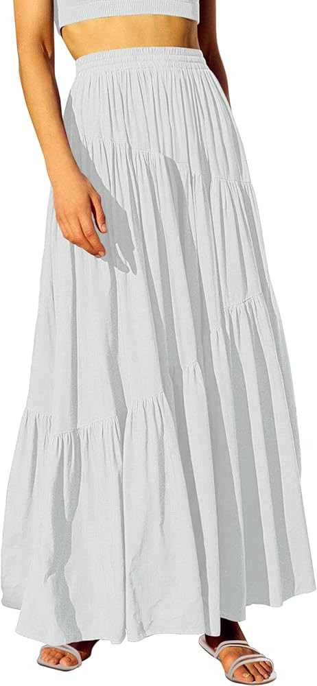 ANRABESS Women’s Boho Elastic High Waist Pleated A-Line Flowy Swing Asymmetric Tiered Maxi Long... | Amazon (US)