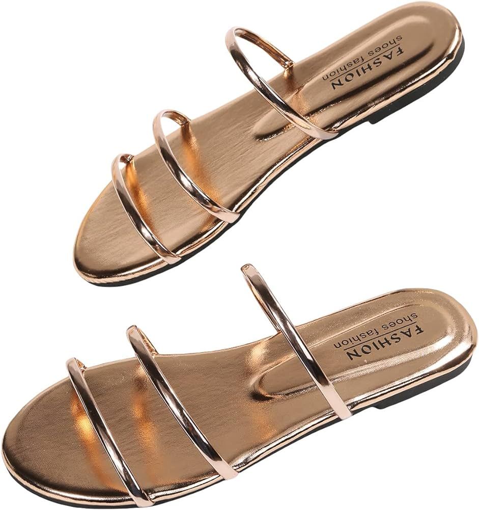 GORGLITTER Metallic Slide Sandal Comfortable Open Toe Flat Shoes | Amazon (US)