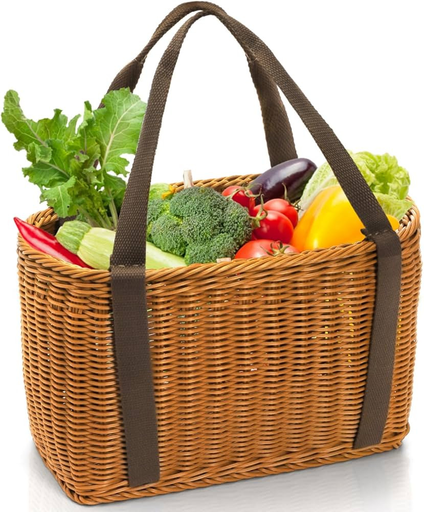 Plastic Wicker Shopping Basket with Handle, 12" x 8.5" x 6" Hand-Woven Picnic Basket, Open Top Ma... | Amazon (US)