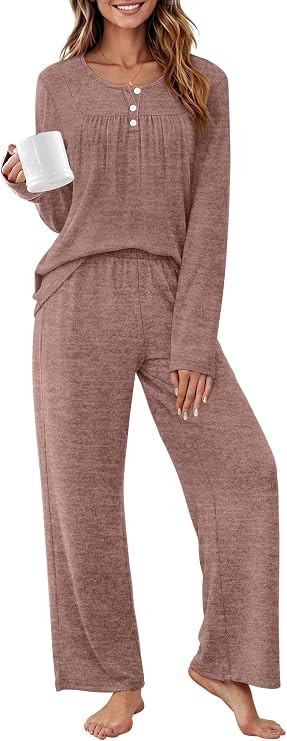 WIHOLL Womens Lounge Sets 2 Piece Fall Outfits Henley Tops Wide Leg Pants | Amazon (US)