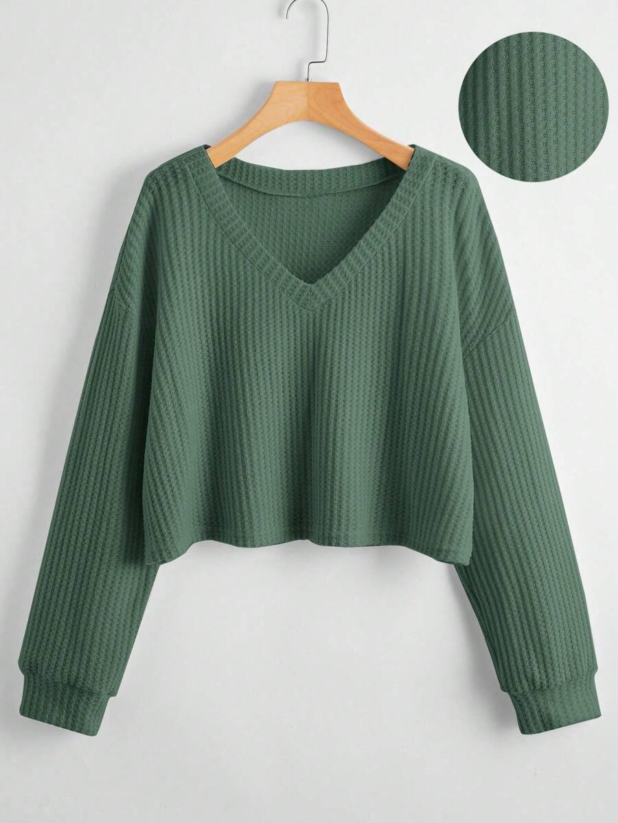 Flirla Plus Solid V-Neck Waffle Knit Tee Fall Cloth For Women | SHEIN