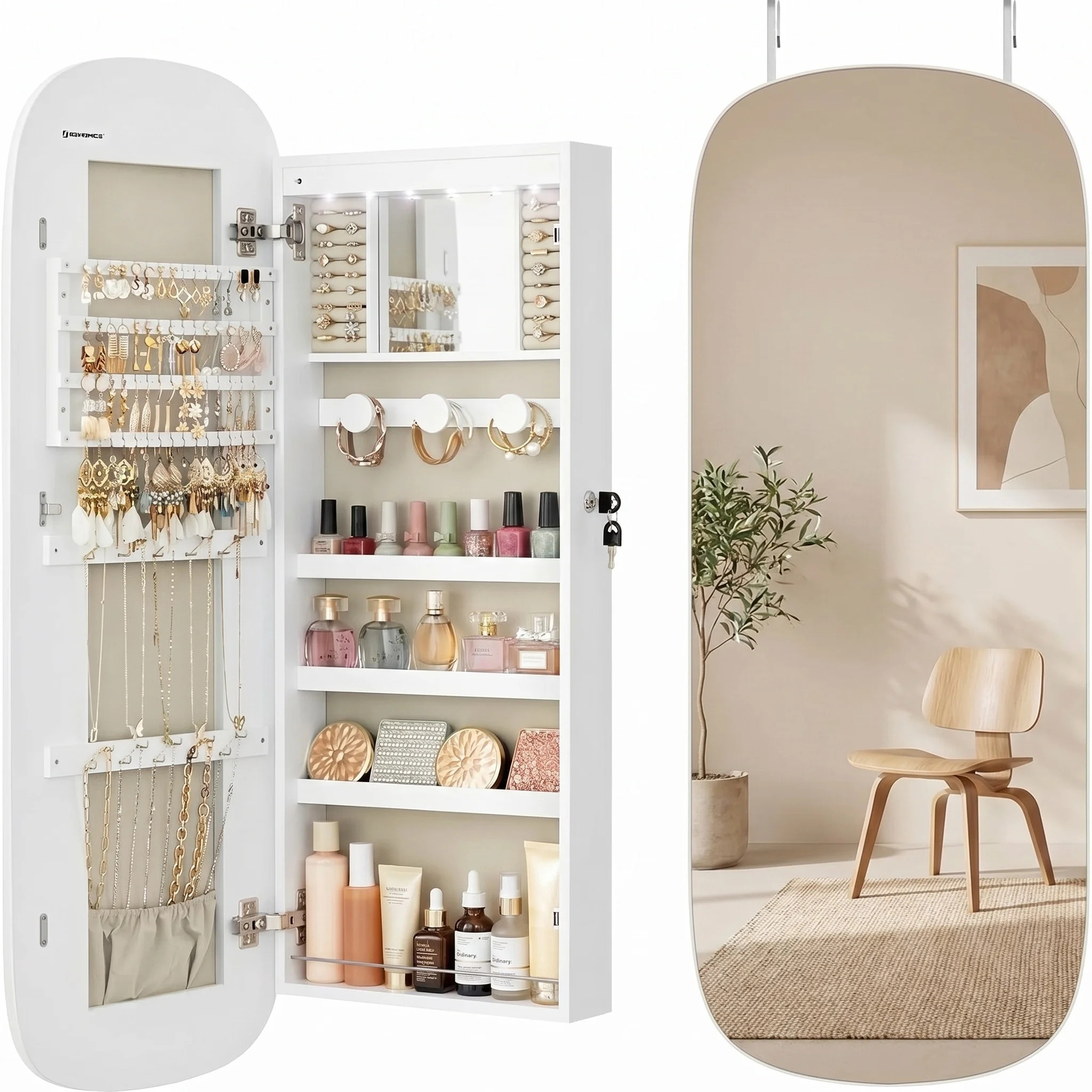 Nordic Hygge LED Wall/Door Mounted Jewelry Cabinet with Lockable Rounded Mirror – White & Greig... | Walmart (US)