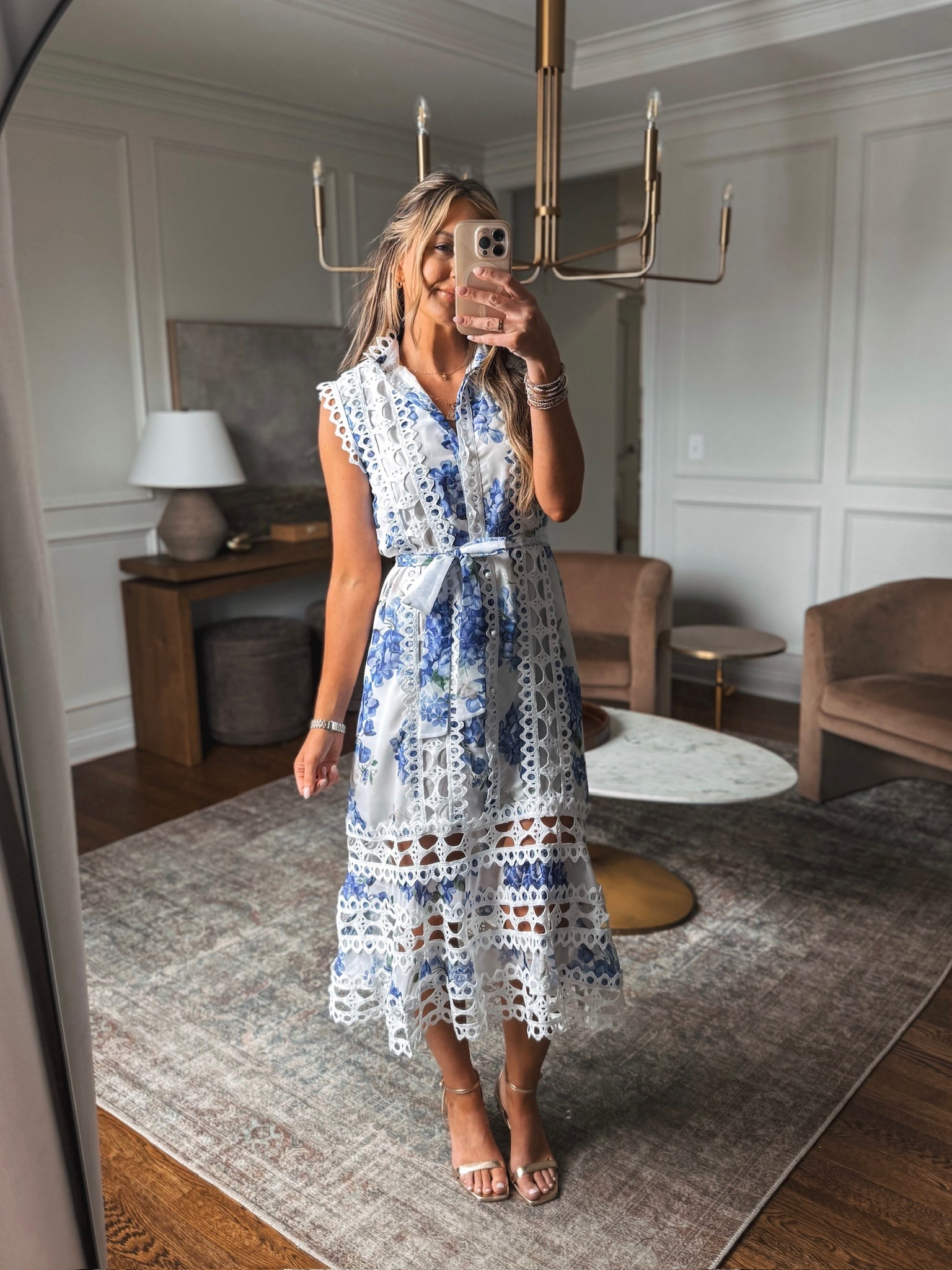 Just got this gorgeous floral midi dress with lace detail for spring. Wearing it with some go to gold heeled sandals!

#LTKWedding #LTKspring #LTKspringtrends