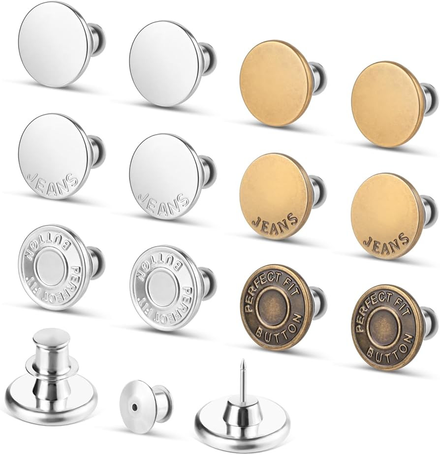 12 Sets Jean Button Pins, No Sew Instant Replacement Buttons, Reusable and Adjustable Pant Waist ... | Amazon (US)