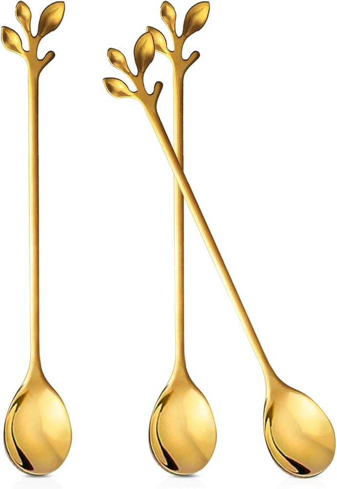 Long Handle Tea Coffee Spoons Set, 7.5" Stainless Steel Gold Leaf Teaspoons for Iced Tea, Coffee,... | Amazon (US)
