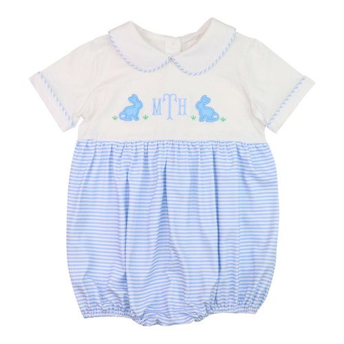 Blue And White Stripe Knit Applique Bunny Bubble | Cecil and Lou