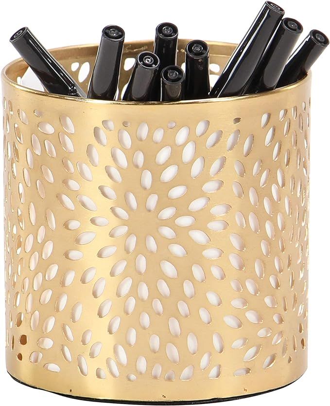 Deco 79 Metal Cylinder Pencil Cup with Laser Carved Floral Design, 4" x 4" x 4", Gold | Amazon (US)
