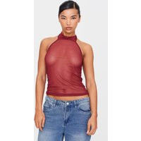 Burgundy Mesh High Neck Backless Long Top | PrettyLittleThing US