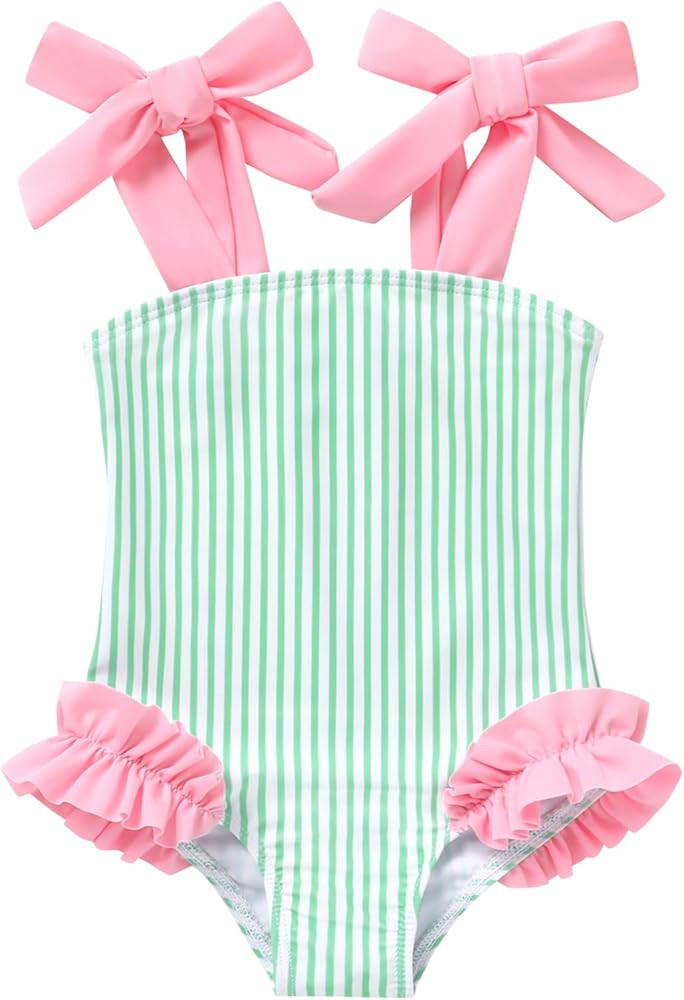 Toddler Swimsuit Girl Solid Color Stripe One-Piece Baby Bathing Suits | Amazon (US)