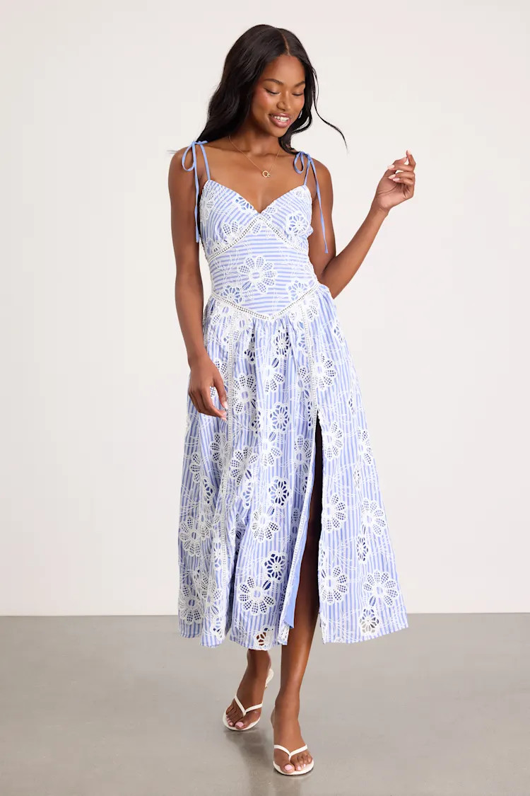 Shilah Blue Striped Floral Tie-Strap Midi Dress | Lulus