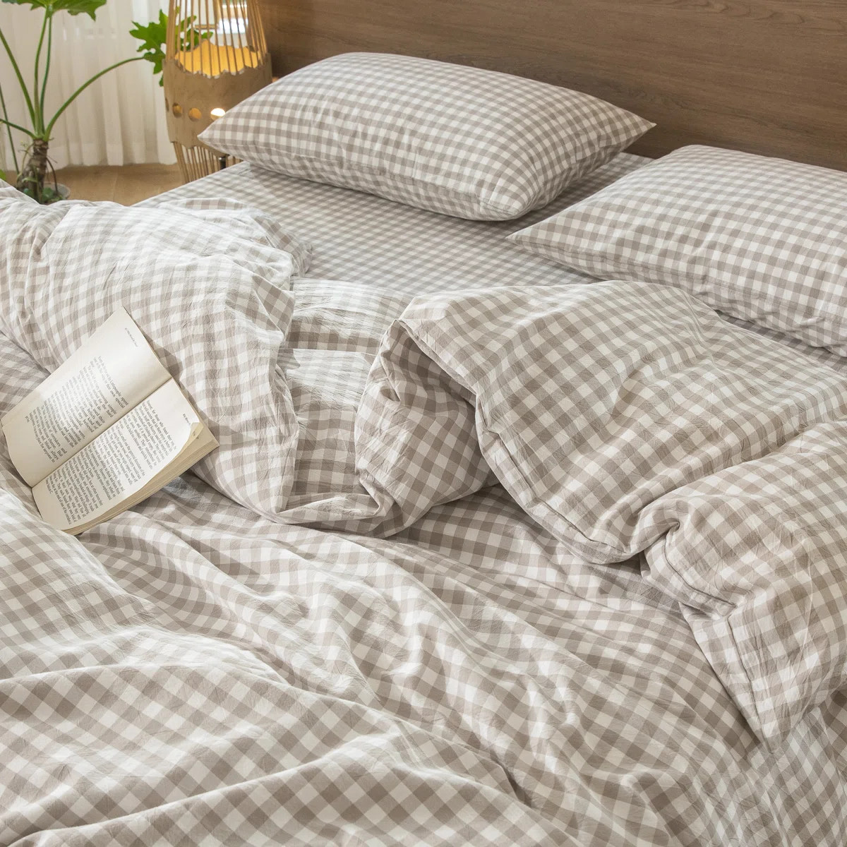 MooMee Gingham Duvet Cover Set 100% Washed Cotton Linen Like Lightweight | Wayfair North America