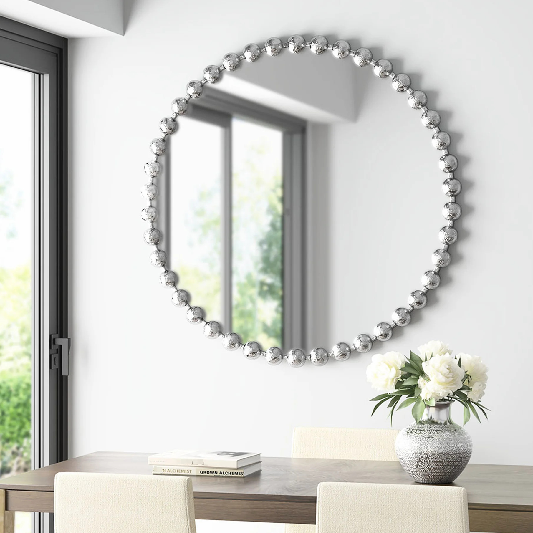 Beaded Round Mirror 36" - Silver Backed For A Modern Home Decor Wall Glamorous Frame And Mirrored Glass | Wayfair North America
