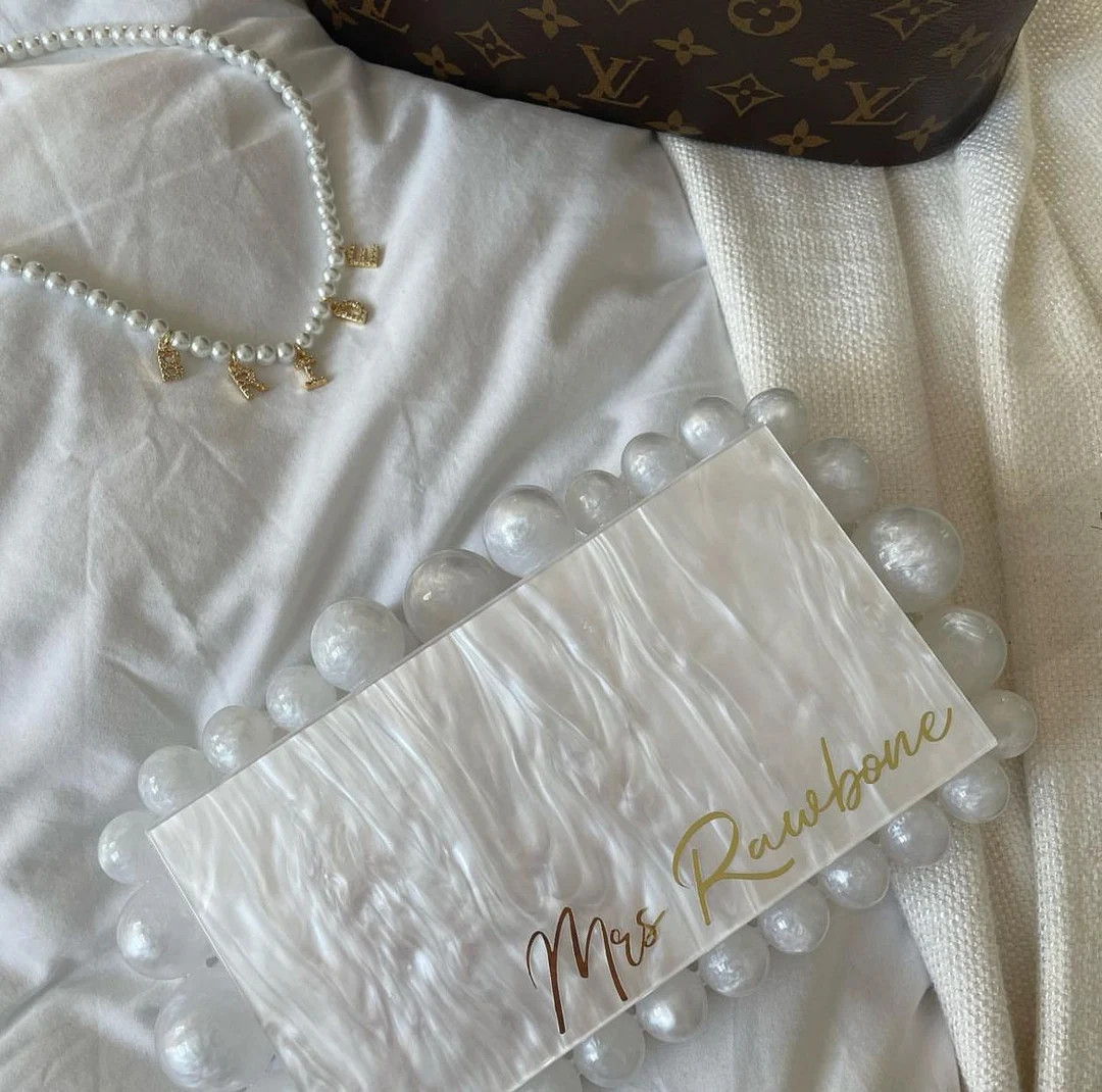 Personalised Mrs Pearl Bubble Clutch With Pearl Handle | Box Clutch | Bride to Be | Honeymoon Gif... | Etsy (US)