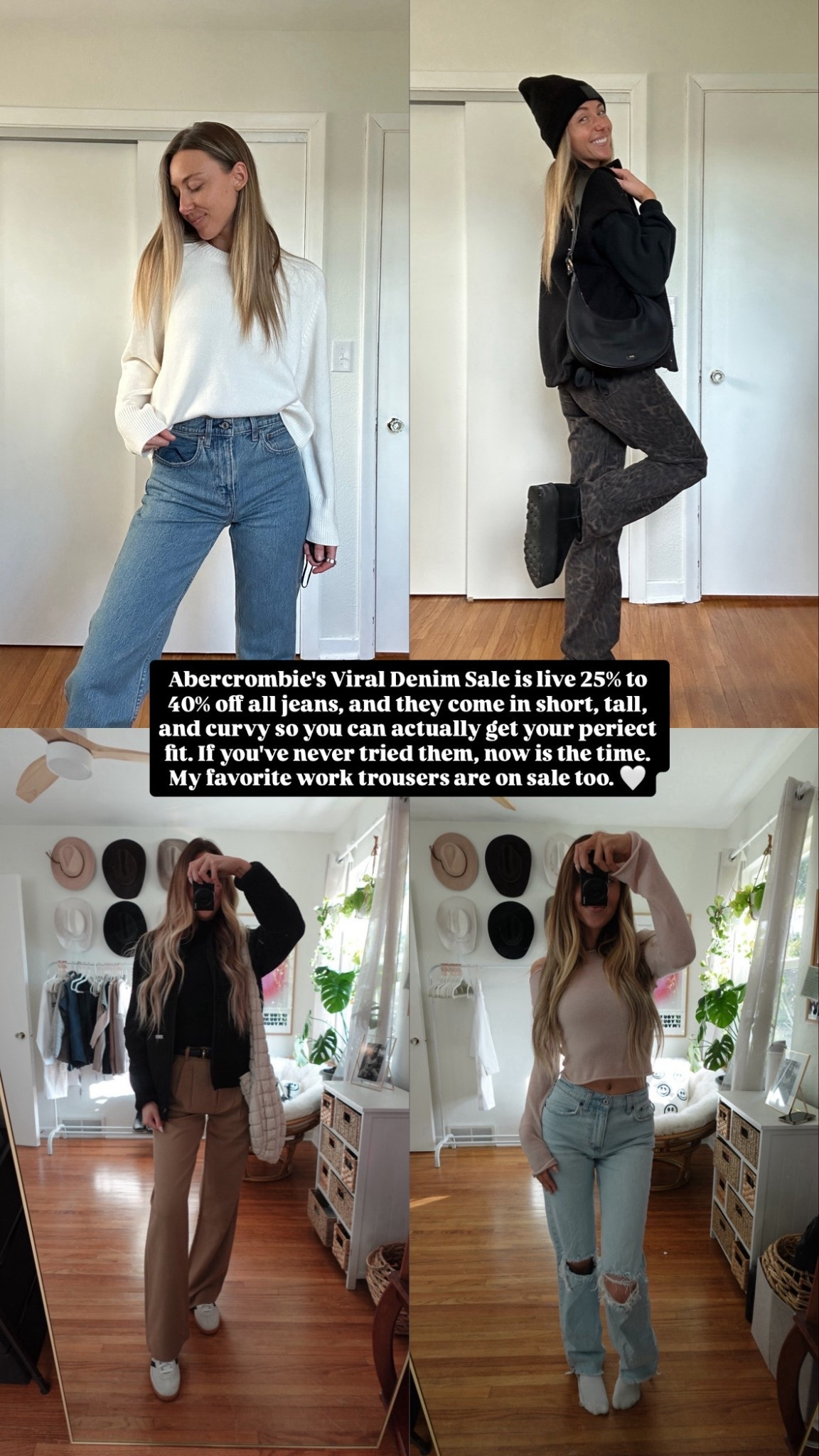 Abercrombie denim sale is LIVE. 25 to 40% off and the fits are actually it. Short, tall, and curvy sizing so you can get the perfect length and waist without the struggle. Sharing my go to straight jeans, light wash ripped pair, and my favorite work trousers that are on sale too. Tap to shop all outfits and sizes. 🤍🖤👖✨ #AbercrombieSale #TallGirlStyle #CurvyFit #WorkOutfitInspo #EverydayDenim 

#LTKTall #LTKSaleAlert #LTKWorkwear