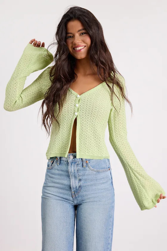 Freesia Lime Green Pointelle Knit Button-Front Cardigan | Lulus