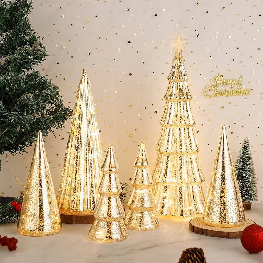 Set of 6 Mercury Glass Christmas Tree with Lights 13.8inch 7.87inch 5.9inch Small Christmas Table... | Amazon (US)