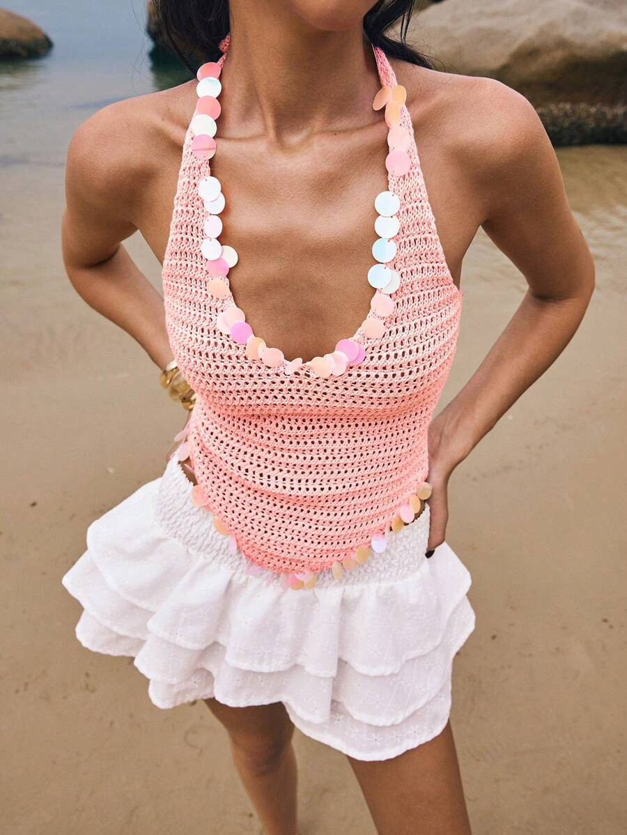 Poéselle Women's Vacation Solid Color Splicing Sequin Sexy Halter Knit Top | SHEIN