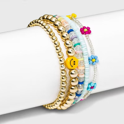 Smiley Face and Beaded Flower Stretch Bracelet Set 5pc - Wild Fable™ | Target