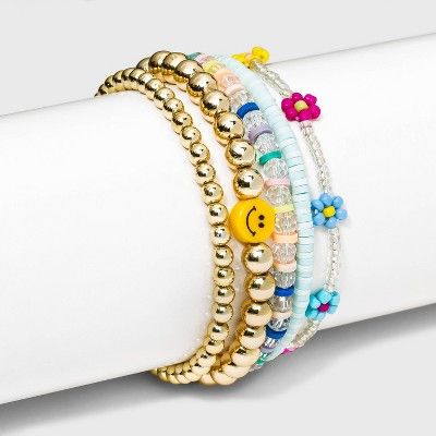 Smiley Face and Beaded Flower Stretch Bracelet Set 5pc - Wild Fable™ | Target