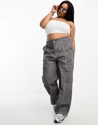ASOS DESIGN Curve seam detail cargo pants in gray with contrast stitch | ASOS (Global)