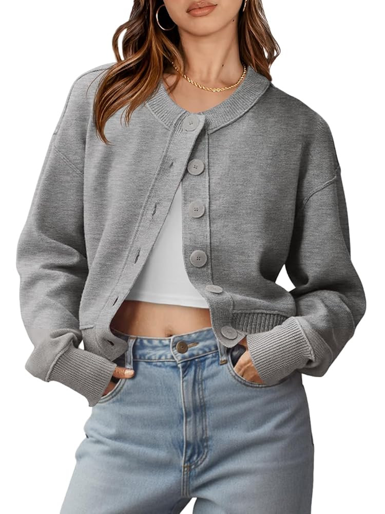Saodimallsu Womens Button Up Cardigans Fall Trendy Crew Neck Long Sleeve Knit Cropped Sweater Jac... | Amazon (US)
