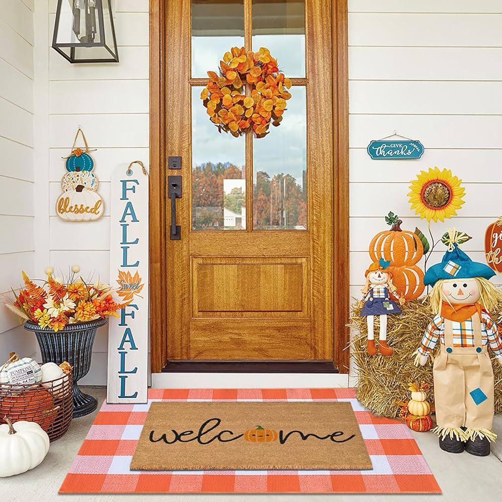 Fall Door Mat Combo Set, Welcome Coco Coir Welcome Doormat + 28" x 43" Orange and White Plaid Rug... | Amazon (US)