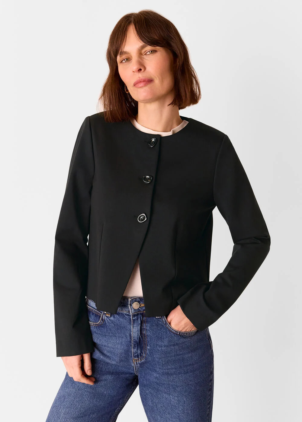 Women's Black Collarless Button-Up Jacket | Whistles UK | | Whistles