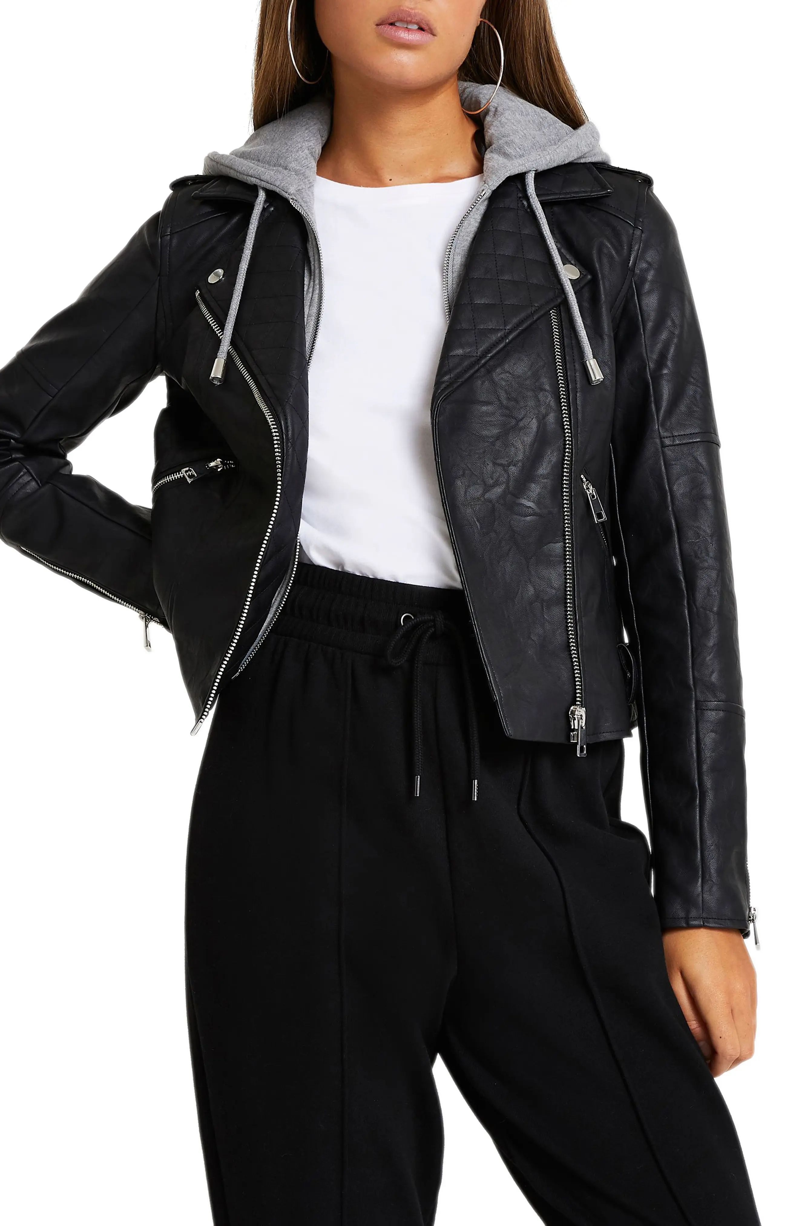 Women's River Island Faux Leather Biker Jacket, Size 8 US - Black | Nordstrom