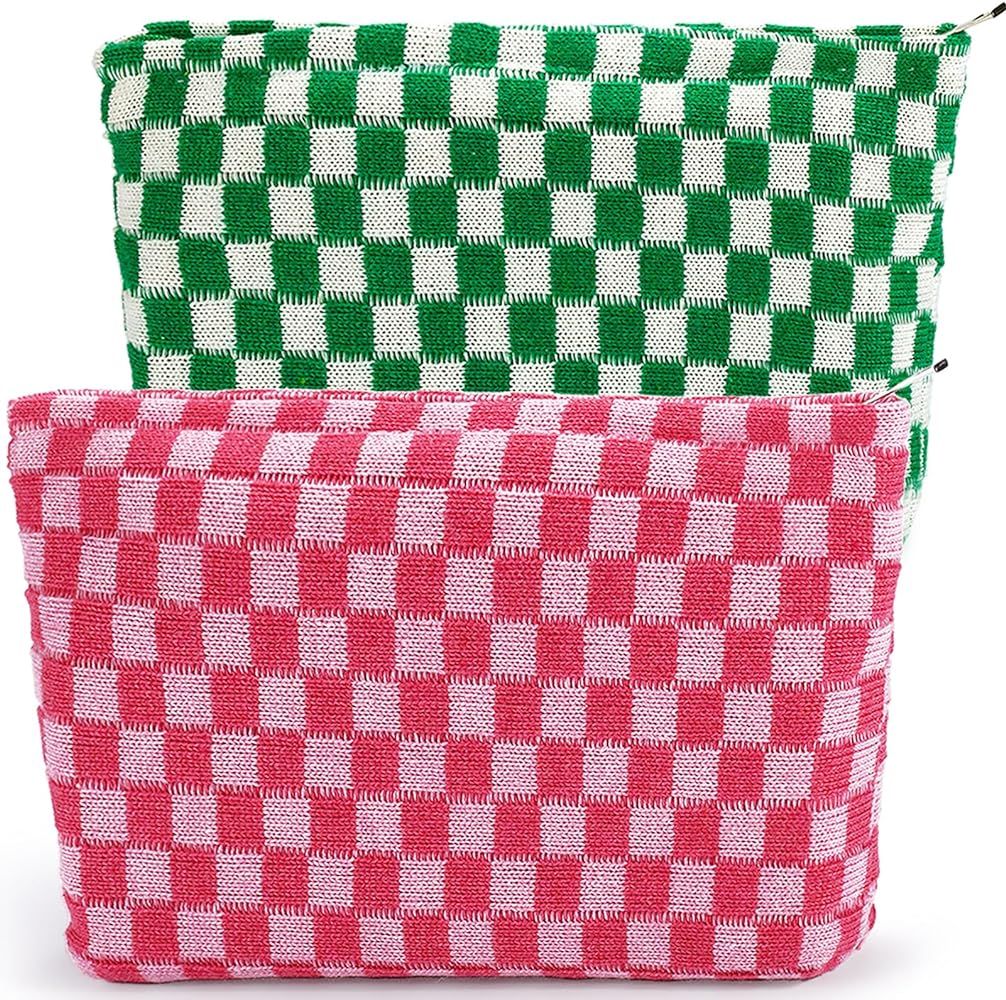 ZLFSRQ 2Pcs Checkered Makeup Bag for Women Large Capacity Cosmetic Bag Set Travel Makeup Pouch fo... | Amazon (US)