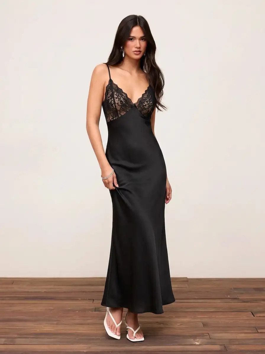 Satin Satin V-Neck Lace Panel Mermaid Maxi Dress For Date Party/Clubbing | Cider