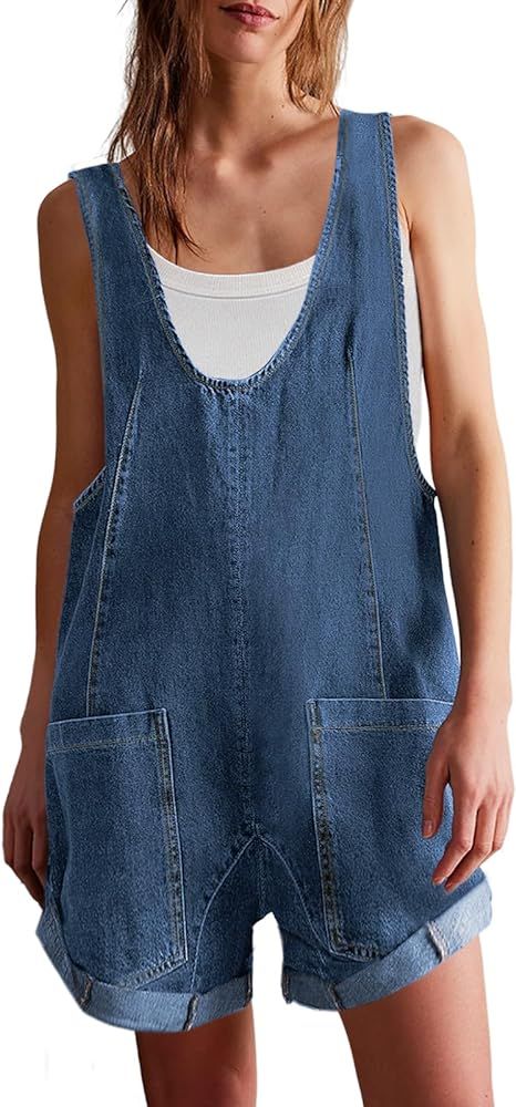 Cicy Bell Womens Summer Denim Rompers Casual Sleeveless V Neck Jeans Short Jumpsuits with Pockets | Amazon (US)