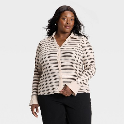 Women's Long Sleeve Collared Rib-Knit Button-Down Shirt - Ava & Viv™ | Target