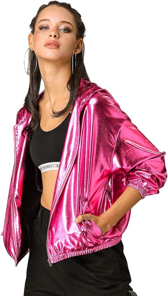 Allegra K Women's Halloween Holographic Shiny Lightweight Long Sleeve Zipper Hooded Metallic Jacket | Amazon (US)