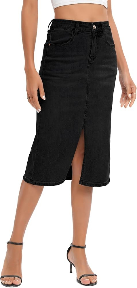 Midi Women Denim Skirt High Waisted Slit Cotton Casual Stretch Long Jean Skirt for Women | Amazon (US)