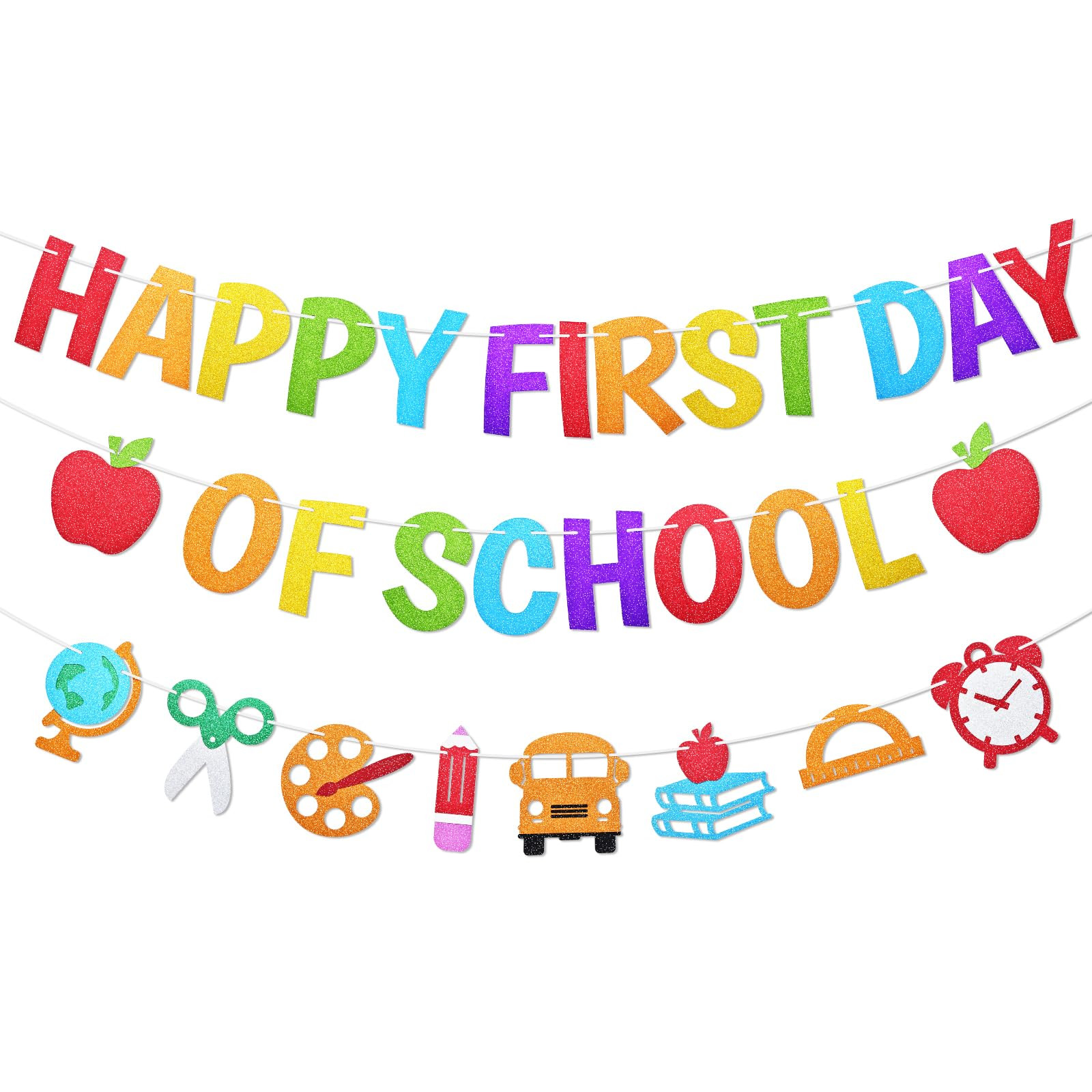 Happy First Day of School Banner Decorations - Colorful Glitter Apple and School Theme Garland Bunting Banner for Classroom Teacher Office Home Decor, Back to School Photo Backdrop Party Favors | Amazon (US)