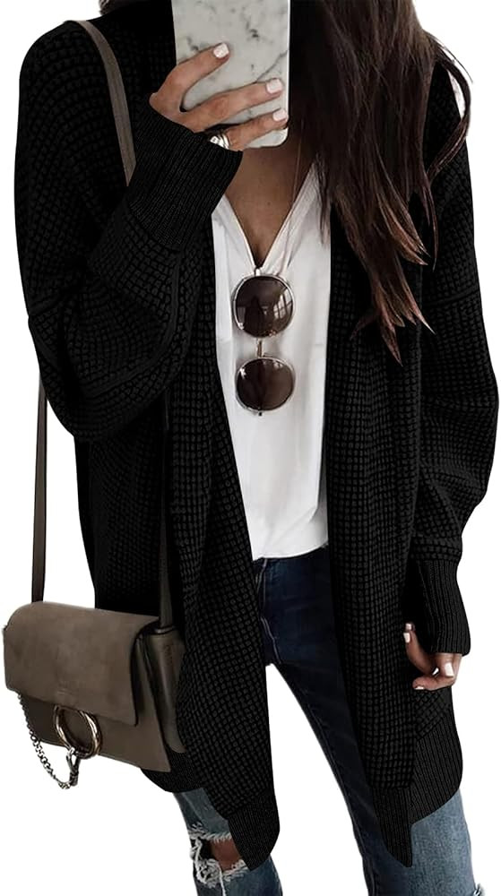 Women's Oversized Cardigan Sweater Long Sleeve Open Front Chunky Waffle Knit Ribbed Hem Coatigan ... | Amazon (US)