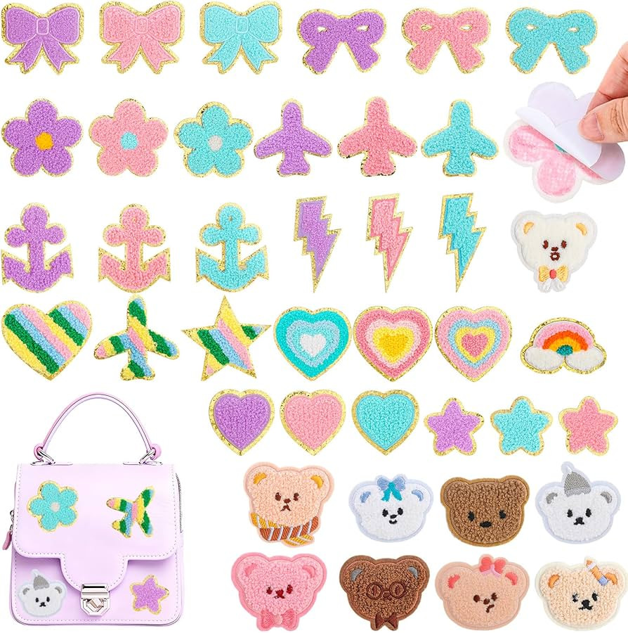 Jspupifip 40 Pcs Chenille Embroidered Patches, Self Adhesive Glitter Patches Flowers Hearts Bows ... | Amazon (US)