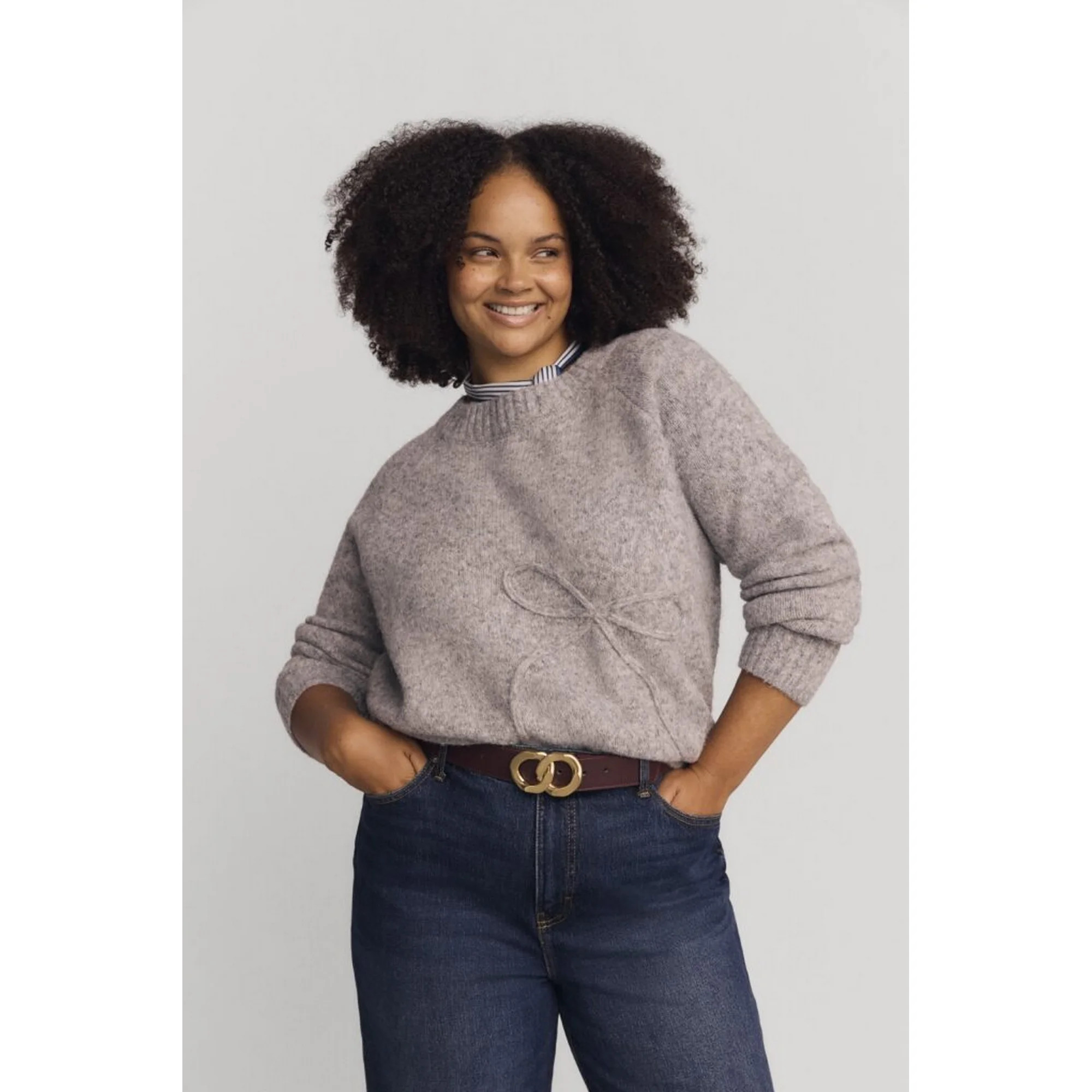 Terra & Sky Women’s Plus Bow Stitch Crewneck Sweater, Lightweight, Sizes 0X-4X - Walmart.com | Walmart (US)
