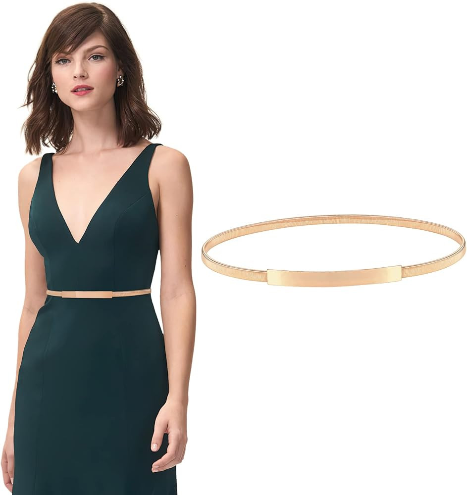 XZQTIVE Women Skinny Metal Chain Waist Belt Stretchy Saree Cinch Belt for Dress Gold Sliver | Amazon (US)